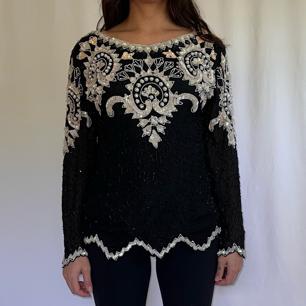Vintage Silk Beaded Black Long Sleeve Top